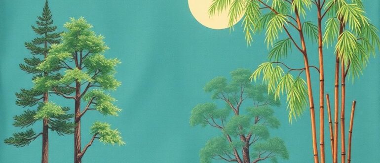 Деревья на шёлке: сосны, ивы, бамбук