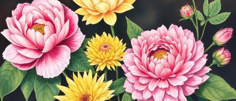 Цветы в живописи на шёлке: пионы, лотосы, хризантемы